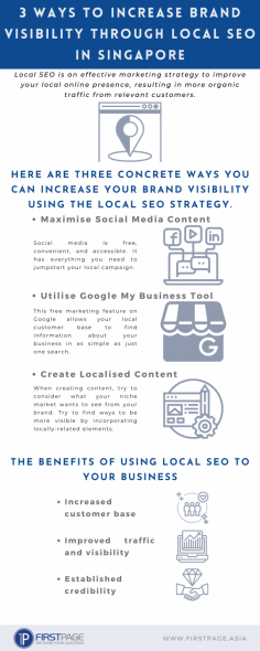 Online visibility is very important for businesses now, more than ever! 

With our expertise in local SEO services, First Page will help you reach more of your target audience. 

Check out our guide on 3 ways to improve your local online presence.

Source: https://www.expatchoice.asia/services/3-ways-increase-brand-visibility-through-local-seo-singapore

First Page provides full digital marketing services including SEO, SEM, Web Design & Development. It can help you make your website stand out and reach users effectively.

You may call +65 6315 1420 or email info@firstpage.asia