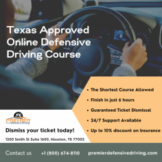 Clear the ticket from your record. Take the best online defensive driving course in Texas. Easy ticket dismissal with Premier Defensive Driving. Newest, most up-to-date school in Texas! The Lowest price by law.  Visit us online at www.premierdefensivedriving.com or call us at 1 (800) 674-8110.