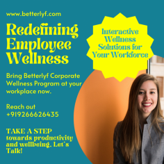 Stress at work place is common, yet most neglected even today in many organizations. BetterLYF Wellness, an online mental health counselling platforms offers Interactive wellness solutions for your corporate workforce. The employee assistance programs offered by Betterlyf can help people struggling with different types of challenges at workplace.
 
Employee Assistance Programs can help organizations create workplace of humanity and compassion where individuals can bring and accept themselves completely with mental health challenges and all.

Take a step towards productivity and wellbeing. Bring Betterlyf Corporate Wellness Program/EAP at your workplace today. 

Know more - https://www.betterlyf.com/corporate-wellness/ 
