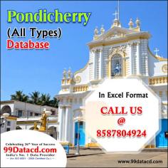 Get pondicherry b2b, business and marketing database related to auto, lighting, plastic, food processing, printing, electrical, electronics, machinery, pharma, medical and garment industry 
Call us 91- 8587804924 / 91- 9350804427 & Download the sample Data @
https://www.99datacd.com/trade-group/pondicherry-database.html#pondicherry-database

