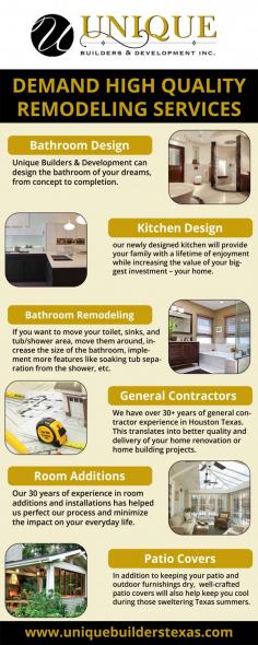 Renovating a Home's kitchen or bathroom is an exciting time to make something old new again. But unless you are experienced in remodel a home, the chances are that you will need a professional general contractor to complete the work. Unique Builders are ready to help you achieve your dream home with the best remodeling services, interior design, renovations, and many more. To get our services, contact us at: (713)263-8138.