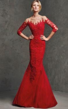 3/4 Length Sleeve Off The Shoulder Tulle Lace Burgundy Floor-length Mermaid Prom Dresses (TBD-AU-067)