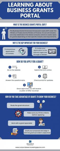 Planning to incorporate a company in Singapore? Get support you need to operate your business through Business Grants Portal (BGP).  You can easily access a wide array of available grants and apply for financial assistance to help boost your business.
Learn more about the benefits of BGP through this infographic. And once you’ve accomplished company registration through Singapore incorporation services, you can apply for a grant through the portal and get access to BGP that opens incredible opportunities for your business.  

Source:  https://www.corporateservicessingapore.com/learning-about-business-grants-portal/
