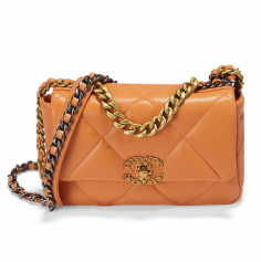 Buy this gorgeous Chanel 19 orange bag with a link chain strap in gold and ruthenium gradient that everyone has eyes on. Free standard shipping in the US. Visit us https://luxurygoround.com/products/chanel-19-orange