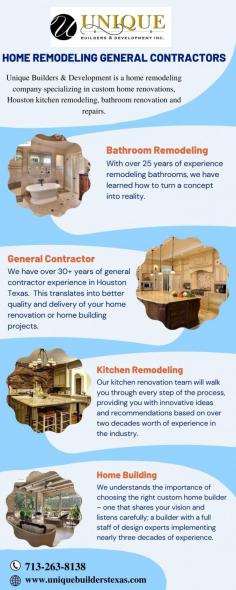 There are several essential issues to consider when looking for a general contractor. You want to find a contractor who is best suited for the job, and you will also want to get a reasonable price for quality work. Let unique builders and development help you to create a gorgeous home. To get our services, contact us at: (713)263-8138.