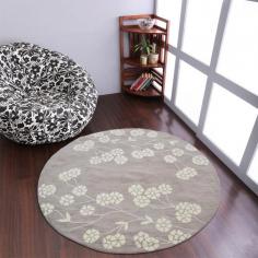 Hand Tufted Wool 6'x6' Round Area Rug Floral Beige White K00513