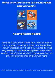 Why is Epson Printer not Responding? Know here of Experts.
However, if your printer these days seems pernicious for your work during Epson Printer Not Responding. Then, in whichever, as it is not likewise since it causes only improper installation, the System window is not working. Therefore printer error code experts help you online fix a similar problem and much more.
https://printererrorcode.com/blog/how-to-overcome-epson-printer-not-responding-issue/
