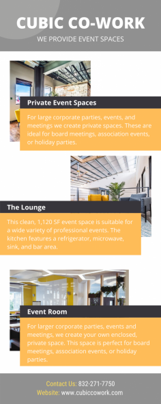 Cubic Cowork, a Coworking & Commercial Real Estate company in Spring, TX provides office spaces for both individuals and small businesses. Our office spaces are fully furnished and professionally equipped so you can set up your business with your team and run it as smoothly as possible. We provide No Lease office space in Spring. If you have any questions or would like to set up an appointment, please contact us at 832-271-7750.