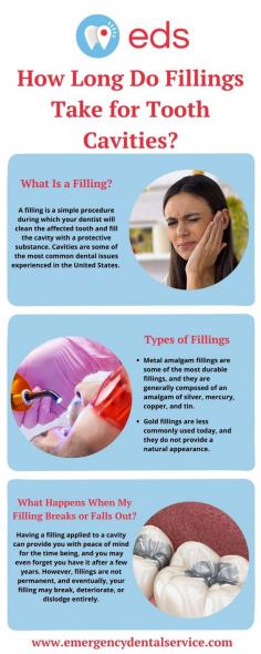 How Long Do Fillings Take for Tooth Cavities? | Emergency Dental Service

A cavity is essentially a hole in the tooth enamel caused by tooth decay, typically a result of poor oral hygiene. If you develop a problematic cavity, your dentist may need to apply a filling to fix it and prevent further complications. if you are unable to schedule an appointment with your regular dentist, consider searching for a dentist in your area that accepts patients on an emergency basis. Contact Emergency Dental Service our team provides the best Emergency Dentist Woodbridge, NJ 07095 at an affordable price. For more information contact us at 1-888-350-1340 or you can visit our website emergencydentalservice.com