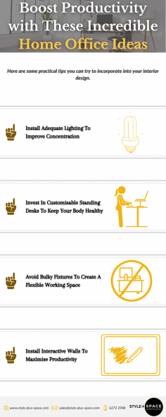 Having a home office at home is no longer a luxury. This infographic will help you find these five home office ideas that you can integrate during the renovation to boost productivity at home.

To learn more about interior design services in Singapore visit https://www.style-plus-space.com/our-services/

Source: https://www.style-plus-space.com/boost-productivity-with-these-incredible-home-office-ideas/
