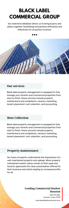 Black Label can help you with your Houston Commercial Property Management needs. We will manage your property from start to finish, handle maintenance and compliance issues, maximize your vacancies, fill them with qualified tenants and keep you aware of your revenue stream.