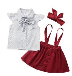 3 PCS Little Girl Polka Dots Bow Shirt Plain Suspender Skirt Headband Outfit Wholesale 954796
