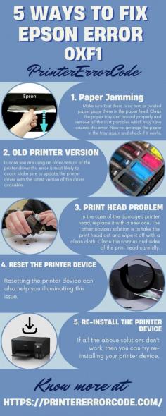 With 5 easy ways, you can resolve the Epson Error 0xf1. This error is one of the most common errors you will face while using the Epson printer. So there is no need to worry you can resolve this error within a few minutes. You can contact our experts for the best possible solution and visit our website to know more: https://bit.ly/3yAe4Z3
