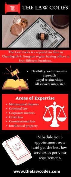 Best Law Firm In Chandigarh | The Law Codes

The law codes is a renowned law firm in Chandigarh having offices in 4 different locations. Our prestigious legal team represents clients in the Supreme Court, the Chandigarh High Court, and the Delhi High Court. We also represent our clients in all Chandigarh Courts, Tribunals, Commissions, and other judicial venues, specializing in Intellectual Property Law, Education Law, Entertainment Law, Motor Accident Claims, Insurance & Banking Laws (tri-city). For more information, visit our site.
