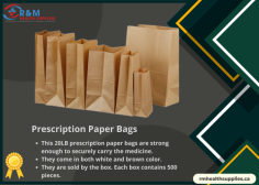 Paper pharmacy bags are available at RM Health Supplies in a variety of sizes. Pharmacies will benefit from our paper pharmacy bags. Prescriptions, medications, and other health products are kept in them. If you're looking for paper pharmacy bags in a variety of sizes, RM Health Supplies has everything to pick from. Call us at (416) 821-4201 to know more about our products and get a quote for quick delivery.

