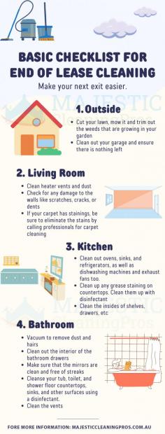 Moving homes could be very demanding. The first factor that comes into your thoughts whilst you are making plans for the quit of the hire and transferring to some other vicinity is to easy the vicinity well earlier than returning the keys to the landlords. You want to ensure that the vicinity is similar to it become whilst you simply moved in in order now no longer to have trouble while settling the bond cash. But there are constantly a few troubles while making ready for the quit of the hire. People regularly overlook doing little things, which creates a possibility for the landlords to deduct the bond cash. Making a basic checklist for end-of-lease cleaning makes your exit easier. In order not to lose the bond money and for a smooth exit, you should have a basic checklist for end-of-lease cleaning. The four basic criteria for making a checklist for end-of-lease cleaning should be outside, living room, kitchen, and bathroom.
