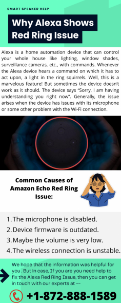 If you are not able to fix the Alexa Red Ring issue, Need experts help to solve this error? Then you are at the right place. Our experts will help you in fixing this error. They will definitely get you out of this error. To know more visit the website Smart Speaker Help or feel free to call us at USA: +1-872-888-1589. Read more: https://bit.ly/3Jr5jlU
