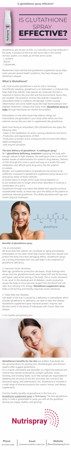 Is glutathione spray effective?

Glutathione, also known as GSH, is a naturally occurring molecule in the body. A product of the liver and nerve cells in the central nervous system, it is made up of three amino acids:
. L-cysteine
. Glycine
. L-glutamate.