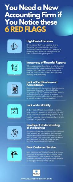 Accounting plays a crucial role in the success of every business. That’s why you need to ensure that you get only the best services for your company.
Discover the red flags you need to watch out for in this infographic to know if you need to switch to a new accounting firm.
With this guide, you can evaluate your accounting firm better and conveniently make the switch. Consider hiring an ideal firm like Reliance Consulting to safeguard the success of your business. The firm is a member of international accounting network firm of Santa Fe Associates International (SFAI), specialized in providing business services which includes auditing, accounting services, withhold tax, company registration, payroll outsourcing, corporate secretarial and business license application.
Source:  https://www.relianceconsulting.co.th/you-need-a-new-accounting-firm-if-you-notice-these-6-red-flags/
