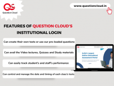Question Cloud - Online Educational Assessment Tool for Schools, Institutions, Education Academies, etc.,

Question Cloud - an online education portal has been developed for all educational institutions such as Schools, Academies, etc., It helps them create an account, edit and update the login details of their students. The platform is designed to provide comprehensive assistance to various stakeholders such as Schools, Institutions and Academies, and students.

Visit us: https://www.questioncloud.in/

To help users navigate the website, Question Cloud provides an Institutional login option that allows them to access all of the resources available in the portal. Its features are described below.

Features of Question Cloud's Individual Log-in


● Question Cloud's Institution Log-in is designed for schools, institutions, colleges, universities, etc., to create and administer their own tests to their students.

● Any registered Institution can use our pre-loaded questions, video lectures and other available study materials.

● To effectively access the portal, Question Cloud ensures high data security with hybrid servers.

● And it's easy to use our portal since it offers user-friendly options and also one can avail the same content in Mobile app that is available for both Android and iOS.

Salient features



Schools, institutions, colleges, and universities can design and administer their own tests to their students.

They can also use the pre-loaded questions from our portal to give tests to their students from anywhere at any time.

They can upload their own video lectures, practice tests and study materials for their students via our portal.

Institutions can assign any desired mark to any question and also if need be negative marks can also be included.

Multilingual assessments are possible with this portal, Schools / Institutions can use any language (English, Tamil, Hindi, etc.) while adding tests for their students.

With a single click, they can track the performance of their teaching staff and students.

Students' performance analysis can be tracked by the class teachers, class coordinators, principal and school management at any time and from anywhere.

More information can be found at: https://www.questioncloud.in/institution/
