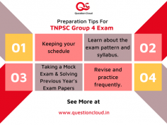 TNPSC Group 4 - Preparation tips

The Tamil Nadu Public Services Commission holds the TNPSC Group 4 exam every year to recruit qualified candidates for the positions of Junior Assistant, Bill Collector, Typist, Village Administrative Officer (VAO) Officer, and Steno-Typist with a minimum qualification of 10th standard. TNPSC Group 4 Exam is held offline, followed by document verification.

Similarly for this year, the TNPSC group 4 exam is scheduled to be held on July 24, 2022 (9:30 a.m. to 12:30 p.m.), with a total vacancy of 7301 positions for various departments such as Village Administrative Officer (VAO) Officer, Junior Assistant (Non–Security), Junior Assistant (Security), Bill Collector Grade-I, Typist, Steno-Typist (Grade–III), etc.,

TNPSC Group IV -  Preparation Tips:

The expert faculties from Question Cloud, who have years of experience in teaching and taking questions for the TNPSC Group 4 exams, have stated the top five preparation tips for TNPSC Group 4 exams. Question Cloud is India's Largest Online Educational Assessment Portal, where you can practice for competitive exams by answering MCQ-style questions with solutions. Visit us at: https://www.questioncloud.in/

Maintaining your schedule

It is in the best interests of things to create and stick to a study schedule in order to pass the TNPSC Group-IV Services examination. Set aside enough time each day to study and complete the syllabus according to your schedule.

Taking a Mock Exam

If you want to get hands-on practice for the TNPSC Group-IV Services exam, incorporating a mock-test-based learning approach will be extremely beneficial. In fact, mock tests are required for any type of examination. This will allow you to simulate a real-time exam environment and analyze your performance as well as your level of preparation. Give more time to the areas that are lagging. Start taking your mock tests with Question Cloud, Where you can able to access the tests based on topic-wise patterns, so it will be easier for you to take your assessments upon finishing the preparations of the topic studied. Take tests here: https://www.questioncloud.in/exam

Understand the exam pattern and syllabus.

A thorough understanding of the exam pattern for TNPSC Group 4 services is critical in order to pass the exam.

Solve Previous Year's Exam Papers

Solving previous question papers will help you understand the exam pattern that the commission has used in previous years. It is recommended that you practice as many previous years' question papers as possible. It will help you understand the exam pattern, difficulty level, and types of questions that may be asked in the exam. It is unquestionably possible to pass the TNPSC Group exam 4 examinations with the right study materials, proper preparation, and dedication. As a result, ramp up your preparations for the exam.

Regularly revise and practice

Aspirants for the TNPSC Group 4 Examination should stick to a strict study schedule. Creating an effective study plan is a good way to manage your time effectively so that aspirants can finish all of the topics before the exam.

