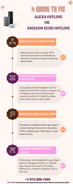 Alexa offline is a common issue. The Amazon Alexa offline has occurred when you have weak Wi-Fi network connection. The Alexa offline issue can be caused of various reasons. Read the Causes and solutions of Alexa offline issue. Our Alexa helpline experts has shared the simple solutions to fix the Amazon Alexa Echo offline issue. 


https://www.smartspeakerhelp.com/fix-alexa-offline-or-amazon-echo-offline