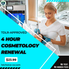 Renew your Texas Cosmetologist License Renewal with TDLR through our online 4-hour continuing education course. We will report back to the state that you have completed your continuing education. Easy online learning only at $23.99! Complete your hours today: guaranteed credits, simple, easy to navigate, and no tests or quizzes. We promise our students a hassle-free process, and none of our courses will have hidden fees. For more information, contact us at 800-698-2770. Visit our website https://bit.ly/3AlafUD
