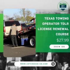 Texas Towing Operator | TDLR License Renewal Course

To renew a towing operator license, a licensee must complete 4 hours of continuing education through Department-approved courses. Take our system from Any Device: phone, Tablet, or Computer. Our TDLR License Renewal Approved online renewal course is the easiest, fastest way to complete your continuing education requirement. 1st Choice will directly report your hours to the Texas Department of Licensing and Regulation. Contact us today at 1-800-698-2770 or visit here https://1stchoice-ce.com/courses/checkout/texas/4-hour-tow-operator-renewal-texas

