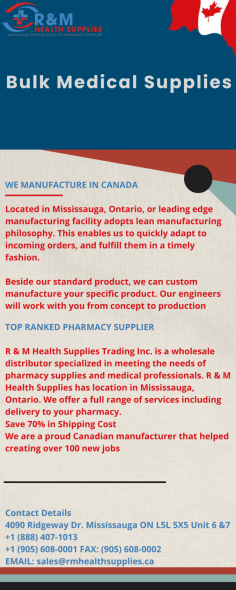 Pharmaceuticals Supplies | 100% Customer Satisfaction | RM Health Supplies

R & M Health Supplies Trading Inc. is a wholesale distributor specializing in meeting the needs of pharmacy supplies and medical professionals. We offer product lines such as Pharmaceuticals products. Our goal is to provide our customers with the best quality products at a reasonable price.