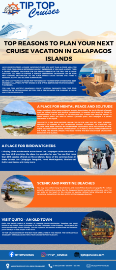 Infographic:-Top Reasons to Plan Your Next Cruise Vacation in Galapagos Islands
Book your perfect perfect Galapagos Cruise with TipTopcruises.com and discover the Galapagos at its best. Choose your first class cruise for your unforgettable Galapagos Islands vacation cruise.

Know more: https://www.tiptopcruises.com/galapagos-cruises/