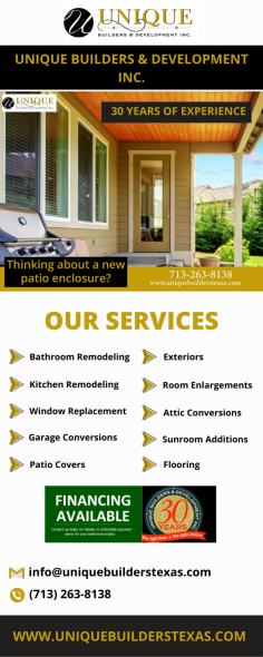 Houston Bathroom Remodeling  | 30 Years of Experience | Unique Builders 


We are here to help you realize your dream bathroom. Unique Builders uses quality and well-maintained products at affordable prices. Get the best Bathroom Remodel In Houston from us. Call (713) 263-8138 to learn more about us!