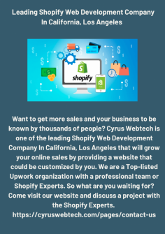 Want to get more sales and your business to be known by thousands of people? Cyrus Webtech is one of the leading Shopify Web Development Company In California, Los Angeles that will grow your online sales by providing a website that could be customized by you. We are a Top-listed Upwork organization with a professional team or Shopify Experts. So what are you waiting for? Come visit our website and discuss a project with the Shopify Experts. 

https://cyruswebtech.com/pages/contact-us
