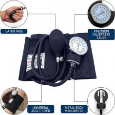 Santamedical Aneroid Sphygmomanometer is ideal for medical professionals in all settings.

Stress-tested thousands of times, it is one of the most durable, precise, and dependable blood pressure measurement devices on the market. Gauge: A precise, certified 300 mmHg manometer attains the accuracy of +- 3 mmHg without pin stop and features an easily identifiable high-contrast dial.

The die-cast manometer housing is outfitted with a heavy-duty clip so it can be easily attached to the gauge holder on the cuff. Cuff Inflation Bag: Resistant to abrasion, chemicals chlorine and peroxide, and moisture, the adult Velcro cuff is constructed of high-molecular polymer nylon.

Link :- https://santamedical.com/products/santamedical-adult-deluxe-aneroid-sphygmomanometer-professional-blood-pressure-monitor-with-adult-black-cuff-and-carrying-case-light-black