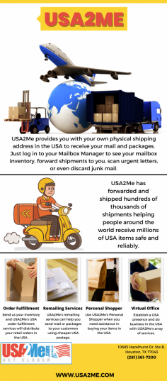 US Mail Service | USA2Me

Now that you have your own USA address, you can receive mail and packages with the best US Mail Service company. Forward to any country in the world! Great rates and service. USA2Me has forwarded and shipped hundreds of thousands of shipments helping people around the world receive millions of USA items safe and reliably.

Visit website - https://www.usa2me.com/