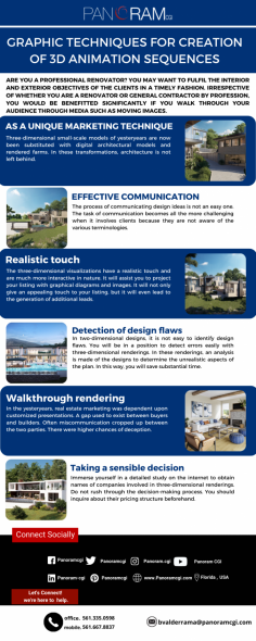 Infographic:-Graphic Techniques for Creation of 3D Animation Sequences

Take your audience in a tour through the project before it's build to visualize spaces and properties at it's finest detail. This is the highly satisfactory visualization tool that will engage your audience to confidently make design decisions without hesitation. Read below the benefits of 3D animations for your marketing and presentation purposes.

Know more: https://www.panoramcgi.com/3d-animation