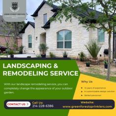 Residential Landscaping Services Near Me

Need landscape remodeling services?
We’ll take care of it! 
With our landscape remodeling service, you’ll entirely change the way your garden looks right now! You won’t even recognize the place once we’re done!

Know more: https://greenforestsprinklers.com/residential-landscaping-service/
