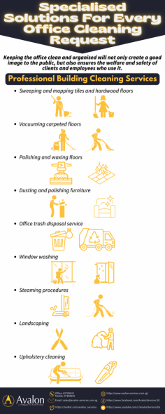 A professional building cleaning service is an essential aspect of any successful business. A clean and orderly workspace is conducive for the employees to do their best work. It is also essential for a company’s image to have a clean and tidy building. This infographic shows some of the personalised cleaning solutions that professional commercial cleaning services offer.

To learn more about commercial cleaning services in Singapore, you may visit https://www.avalon-services.com.sg/service/office-cleaning/ for more details.