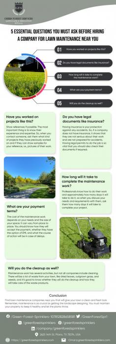 Infographic:- 5 Essential Questions You Must Ask Before Hiring A Company For Lawn Maintenance Near You


A beautiful lawn featuring lush greenery is pleasing to the eyes, though lack of maintenance can make the lawn full of weeds and bushes. Both commercial and residential lawns should undergo regular maintenance, and Green Forest Sprinklers is your destination for such services in Texas. We have years of experience in lawn maintenance. Our executives are poised with exceptional skills and advanced instruments to complete the job ensuring 100% satisfactory experience.

Know more: https://greenforestsprinklers.com/lawn-maintenance/
