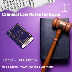 Criminal law is defined as a branch of law that deals with judgments involving wrongful acts and other offences, as well as charging and trying convicted offenders. Lawskool provides all kinds of material on Criminal Law notes for exams. https://www.lawskool.com.au/undergraduate/criminal-law