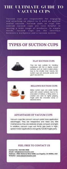 Vacuum cups are responsible for engaging and attaching an object to it with an applied sealed vacuum. After that, pads are actuated to move, lift or position the workpiece in inspection applications or assembly. to know more visit here:- https://www.dasservicesinc.com