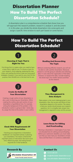 The importance of planning a dissertation and some amazing strategies to build a perfect dissertation schedule.
Visit now for more information: https://www.affordable-dissertation.co.uk/dissertation-help/
