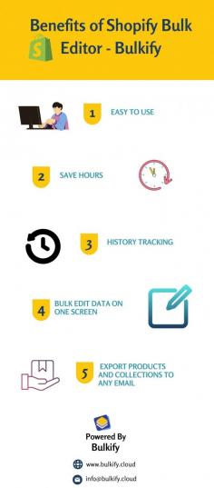 Bulkify is a Shopify bulk edit app that allows you to bulk edit data onscreen and export it to a specific email address. With our Bulkify data history tracking feature, you can also track changes to your data and see how it changes over time, as well as access any versions as needed. Bulkify also makes it simple to consolidate all of this data into a single dashboard, allowing you to make more informed decisions about your store. To know more advantages please visit here: https://www.bulkify.cloud/