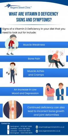 Vitamin D is an essential vitamin for your body that helps to regulate the level of phosphate and calcium in your body, helping to keep your muscles, teeth, and bones healthy. If a child doesn’t have enough levels of Vitamin D they can potentially develop bone deformities and adults can experience bone issues such as osteomalacia.
Know more: https://www.regentstreetclinic.co.uk/vitamin-d-deficiency-signs-to-look-out-for/
