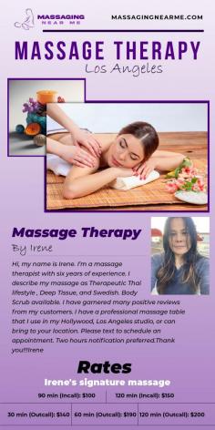 Are you feeling tired? Don’t you have any energy to perform the next day? If YES, you should connect with Massaging Near Me. Why? Here you will get the best body massage therapy in Los Angeles at a reasonable rate. You will meet amicable therapists offering advanced massage and eliminating stress. 
