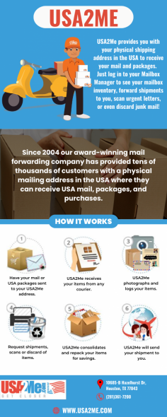 US International Mail Forwarding | USA2Me  

USA2Me can help you reduce costs by providing US International Mail Forwarding and bulk mail forwarding. Shop till you drop online, send all of your packages and even mail them to your US address and then we can consolidate it based on your desires and forward it to you. For more information, contact us at (281) 361-7200.

Visit website - https://www.usa2me.com/site/Mail_Forwarding_How_It_Works.aspx