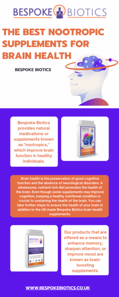 Bespoke Biotics is a company that makes supplements brain health that are designed to support brain health. The company was founded by two neuroscientists who were looking for a way to help people boost their cognitive performance. The Bespoke Biotics team has developed a line of products that includes everything from supplements that support healthy neurotransmitter function to those that help protect the brain from damage. Our product is their Brain Booster supplement, which contains a number of different ingredients that are designed to improve cognitive function. The supplement includes omega-3 fatty acids, which are known to be beneficial for brain health, as well as a number of other nutrients that are essential for proper brain function.