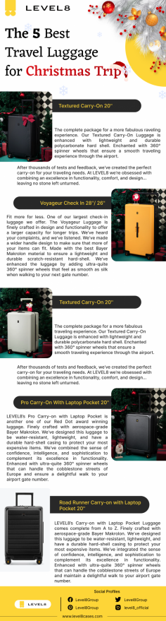Infographic:-The 5 Best Travel Luggage for Christmas Trip

LEVEL8 aims to encourage travelers to travel savvier as more destinations open up by providing more products that are sleek, simple in design, and expertly crafted with durable, quality materials.

Know more: https://www.level8cases.com/pages/2022-holiday-gift-lets-celebrate-christmas