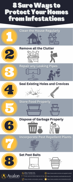 Keeping your home pest-free is important for many reasons. Pests bring dangerous germs, disease, health risks and can cause damage to your home from the inside out. Reduce chances of pest infestation in your home by following these 8 preventive measures. However, once you detect any type of bug at home, immediately call pest control Singapore ( https://www.avalon-services.com.sg/pest-control/ ) to eradicate these pests permanently.