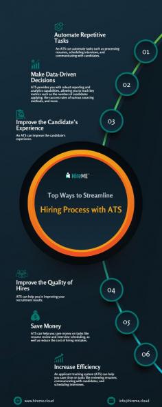 Applicant tracking systems are changing the way recruiters approach the hiring process. ATS is proving to be extremely effective in streamlining business recruiting processes. These systems are designed to automate and streamline various aspects of a company's hiring process. ATS assists you in meeting all of your recruitment-related needs. To learn more about the top ten ways to streamline your hiring process with an ATS, visit here: https://www.hireme.cloud/blogs/10-best-practices-for-using-an-ats-to-streamline-and-automate-the-hiring-process