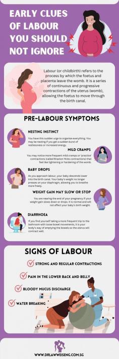 Labor is often different for each person. Some have quick labors, others have long, difficult labors. Learn from this infographic about the symptoms and signs of labour.  
Visit gynae in Singapore to be evaluated if you’re in true labour.  Don’t hesitate to visit mount Elizabeth novena gynae if your early labour symptoms manifest. Get advise from women’s clinic Singapore on what to expect and to how to manage the labour pain.

Source:  https://www.drlawweiseng.com.sg/blog/early-clues-of-labour-you-should-not-ignore/
